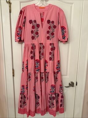 Oliphant Beautiful pink puff sleeve 100% cotton maxi dress, like new